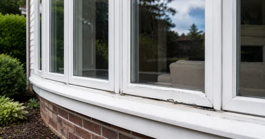 technician inspecting bow window frame and seal for damage in Bolton