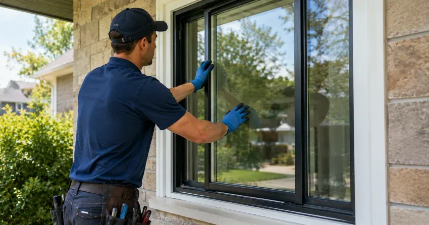 technician measuring a broken window pane for replacement in Albion, Bolton