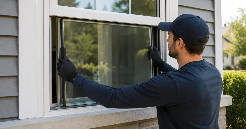 technician boarding up broken window during emergency glass repair Bolton West, Bolton