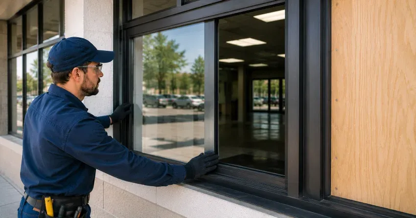 technician boarding a broken window after a break-in in Castlederg, Bolton