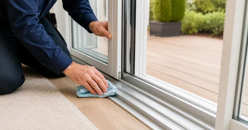 technician inspecting a sliding patio door track in Bolton