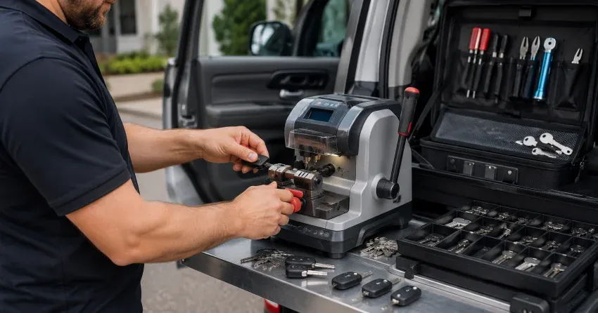 technician cutting a replacement car door lock key in Taylorwoods, Bolton