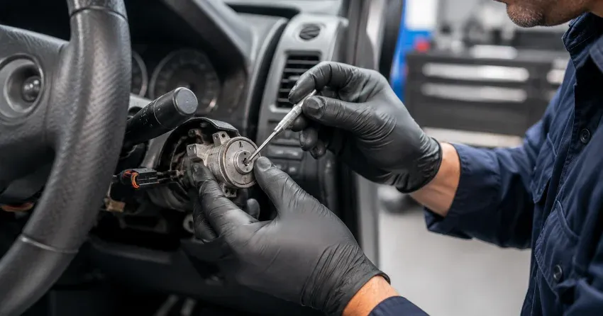technician diagnosing an ignition lock repair issue in Bolton West, Bolton