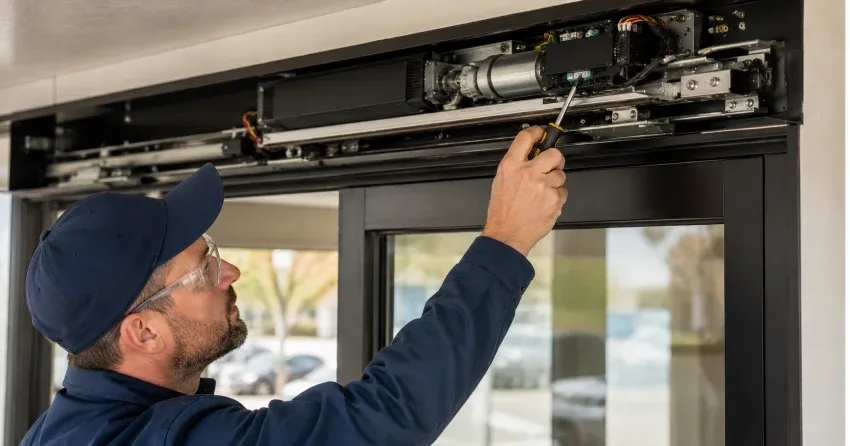 technician completing automatic door repair on residential property in Strawberry Fields, Bolton