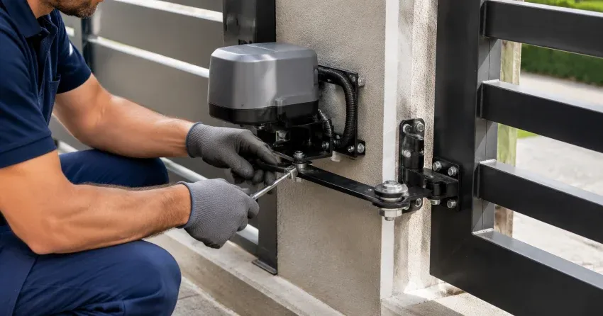technician diagnosing automatic gate motor and control panel in Bolton