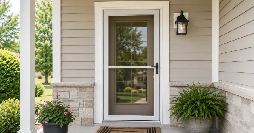 technician hanging storm door square and plumb in Bolton