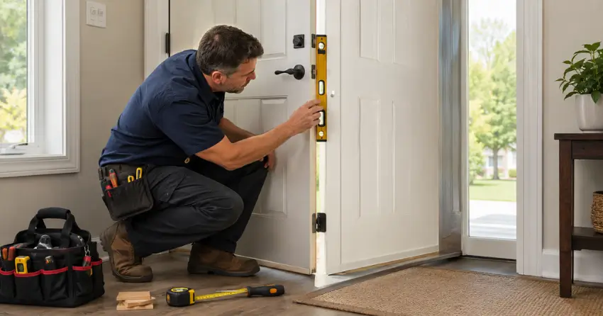 technician diagnosing a misaligned door frame in Castlederg, Bolton