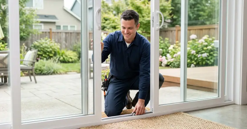 technician diagnosing a sticking patio door in Taylorwoods, Bolton