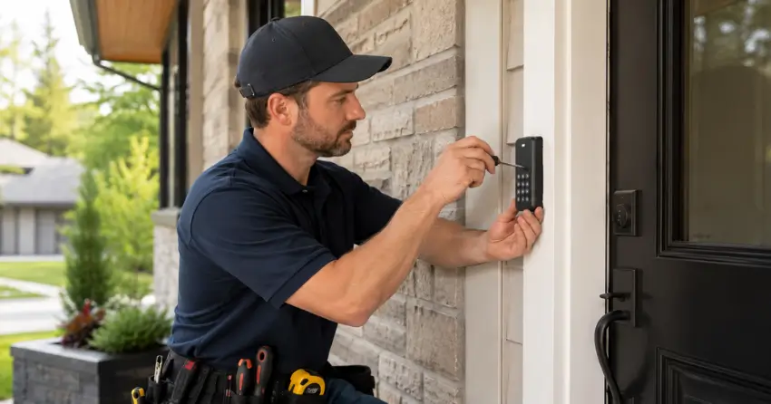 Technician installing an access control system keypad beside a residential front door in Taylorwoods, Bolton