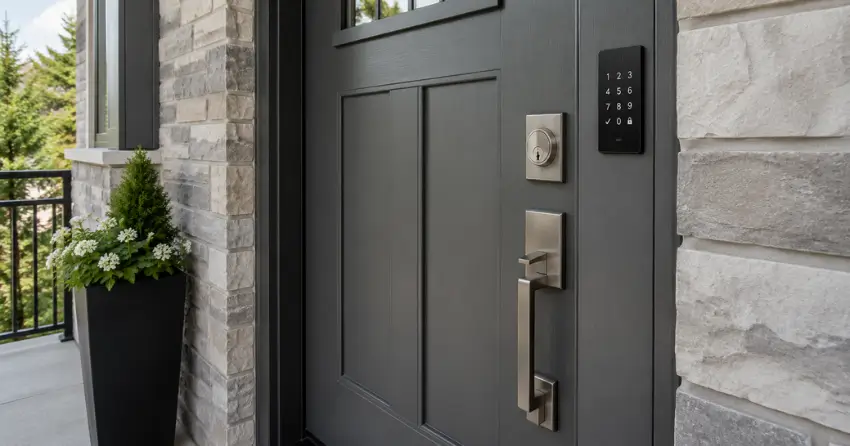 High-security door hardware and access control keypad installed on a residential entry door in Bolton