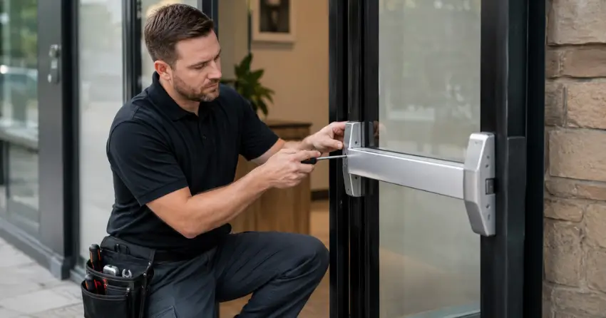 commercial locksmith repairing exit device on storefront door Stonehart, Bolton