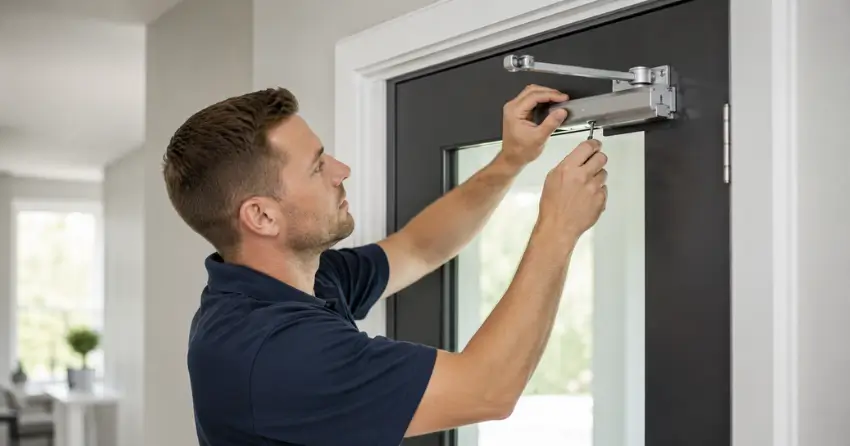 technician adjusting door closer hydraulic valve in Queensgate, Bolton home