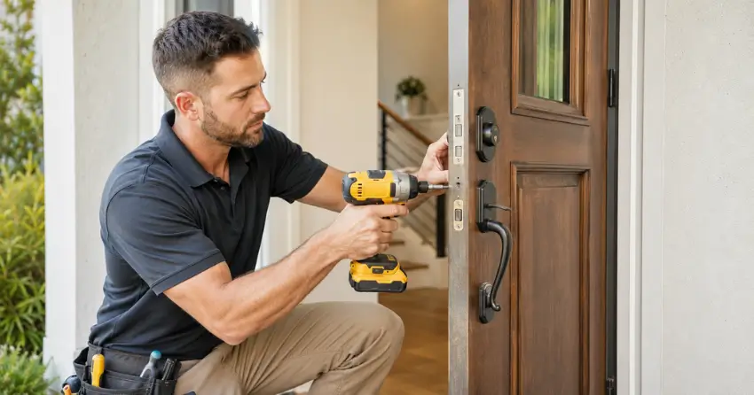 locksmith installing new deadbolt lock on front door in Albion, Bolton