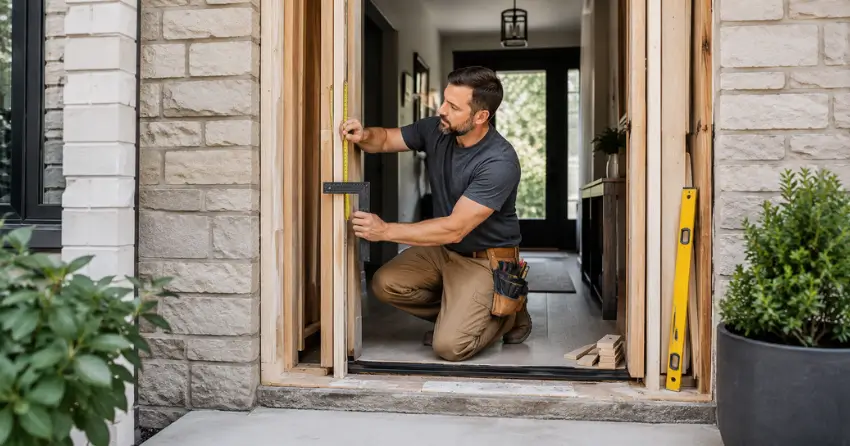 exterior door installer assessing rough opening in Queensgate, Bolton