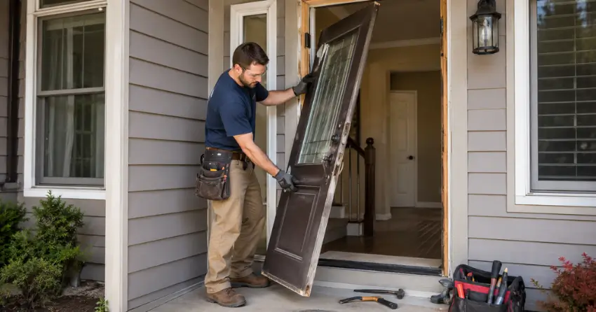 old exterior door being removed for replacement in Castlederg, Bolton