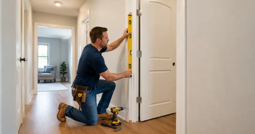 technician installing a pre-hung interior door in a home hallway Bolton