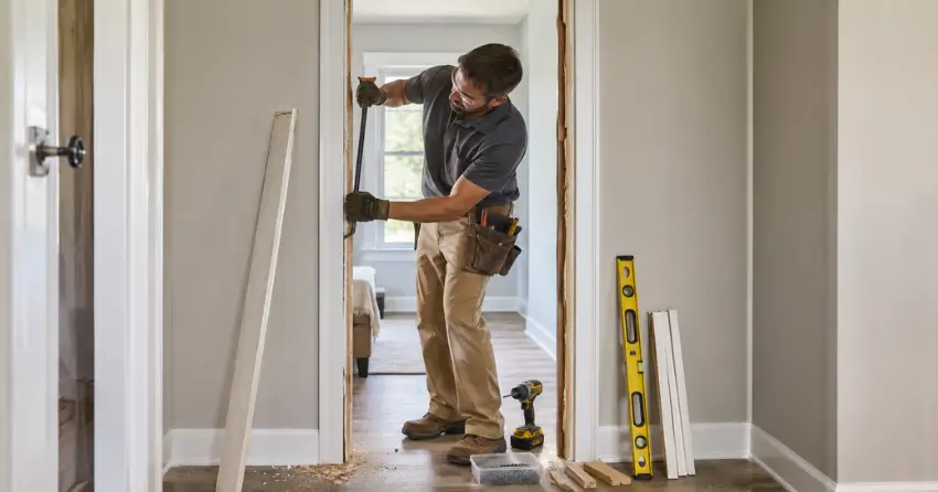 technician removing an old interior door frame during installation Bolton