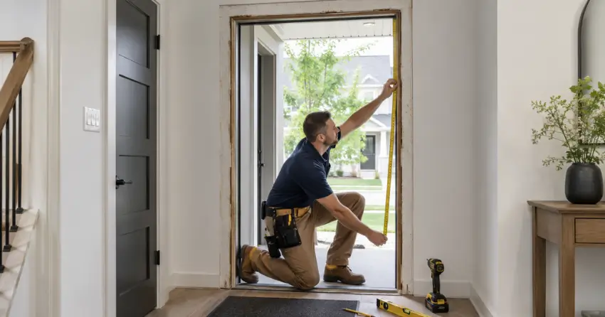 technician measuring a door frame before new door installation in Lockton, Bolton