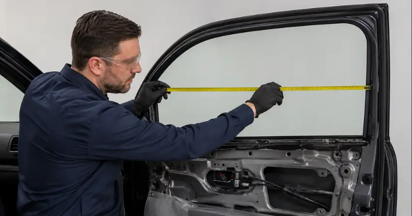technician measuring door glass opening for replacement in Albion, Bolton