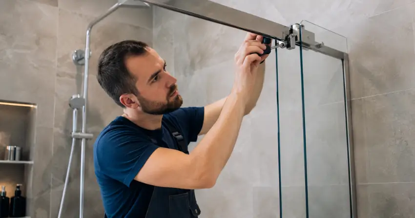 technician adjusting shower door hinge and track in Stonehart, Bolton