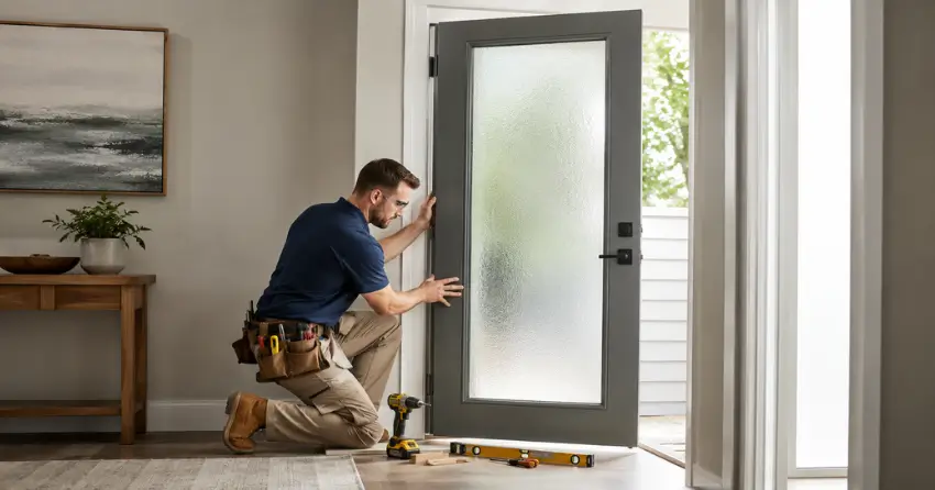 glass panel door installation with frosted privacy glass in residential setting in Bolton