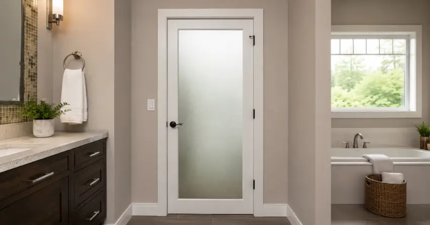 frosted glass panel bathroom door installed in a Castlederg, Bolton home