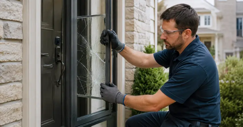 technician removing cracked storm door glass panel in Taylorwoods, Bolton