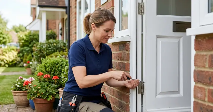 technician repairing exterior door hinge and frame in Albion, Bolton