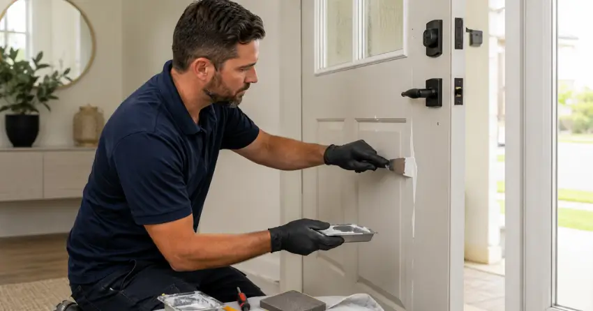 technician repairing fiberglass door surface crack in Albion, Bolton