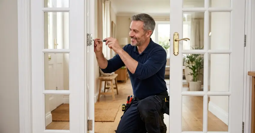 technician adjusting French door hinge for proper alignment in Bolton