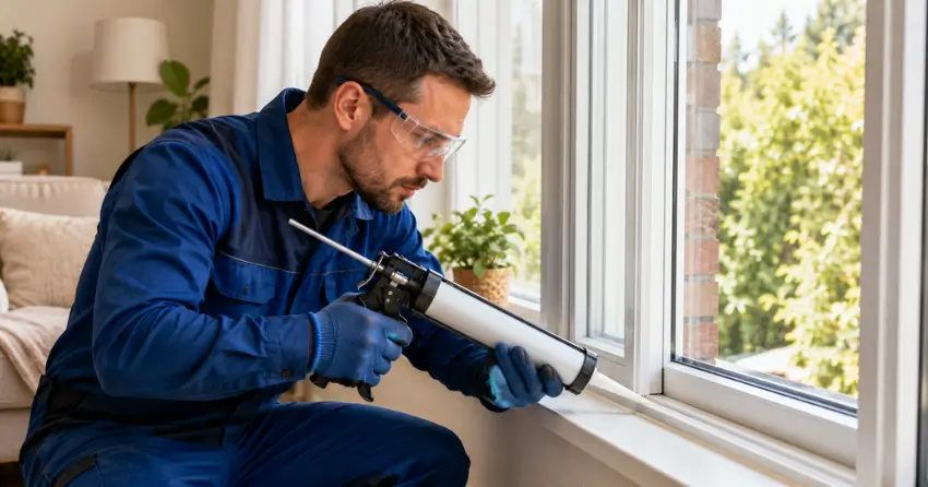 technician repairing window seal and frame in Lockton, Bolton