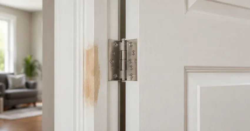 technician checking a warped door against a straightedge in Tormore, Bolton