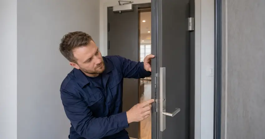 technician inspecting fire-rated door seal and hardware in Bolton
