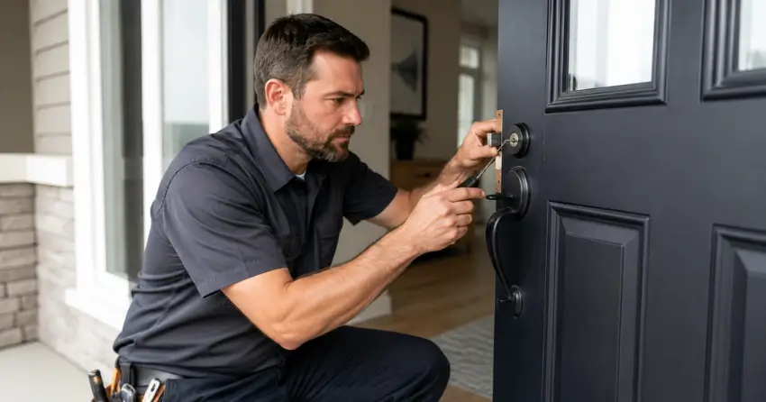 licensed locksmith technician working on residential deadbolt in Bolton