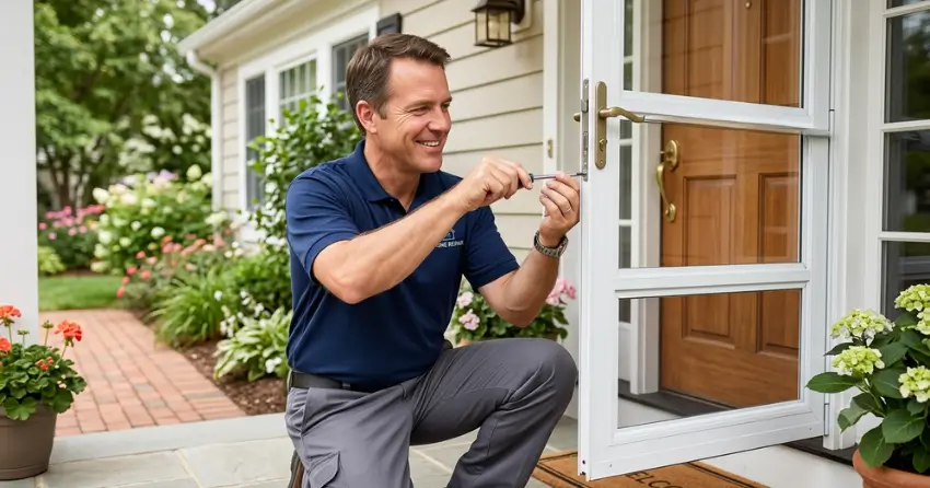 technician adjusting storm door hinge and closer in Taylorwoods, Bolton