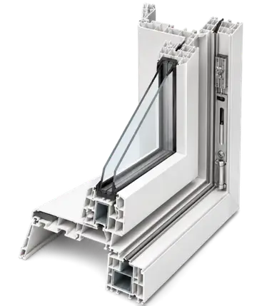 Cutaway view of a window frame showing reinforcement and insulating chambers